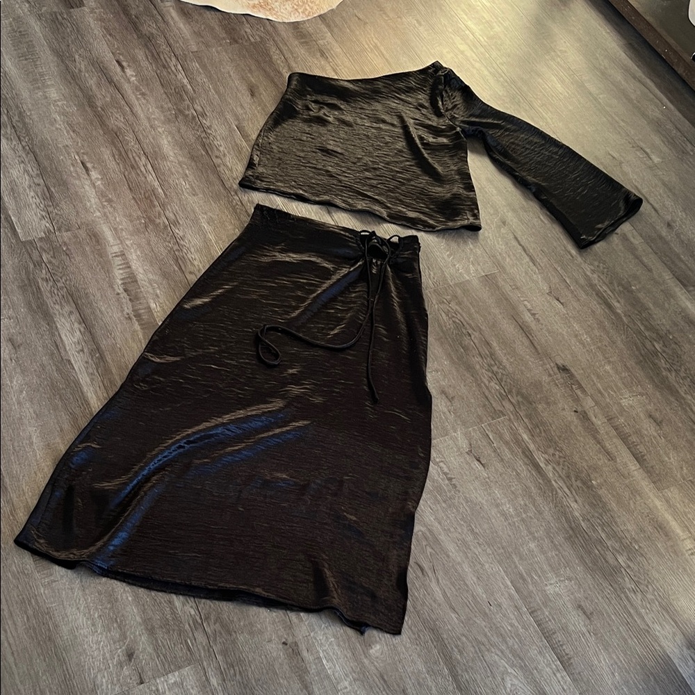 By Together Black Satin Tie-Waist Skirt Set